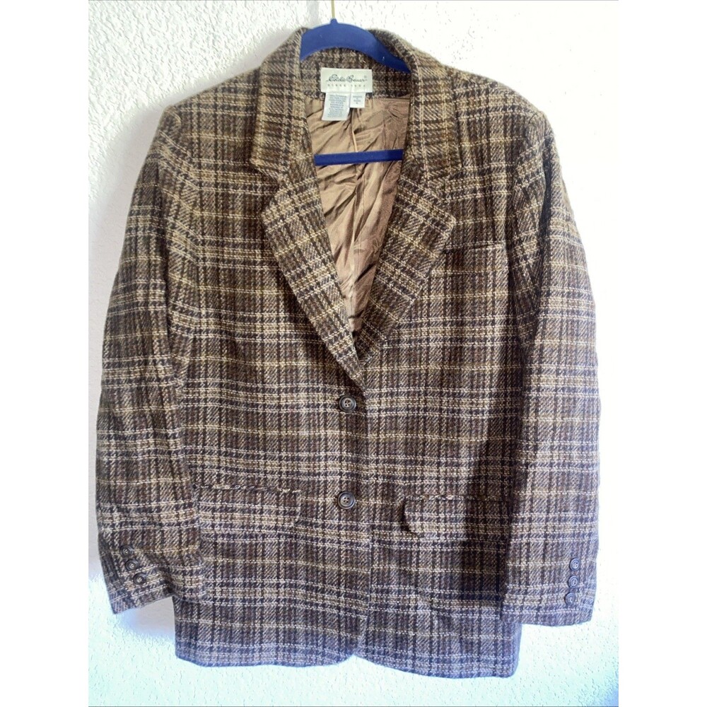 Vintage Eddie Bauer Women Wool Blazer Jacket Plaid M Preppy Country Equestrian